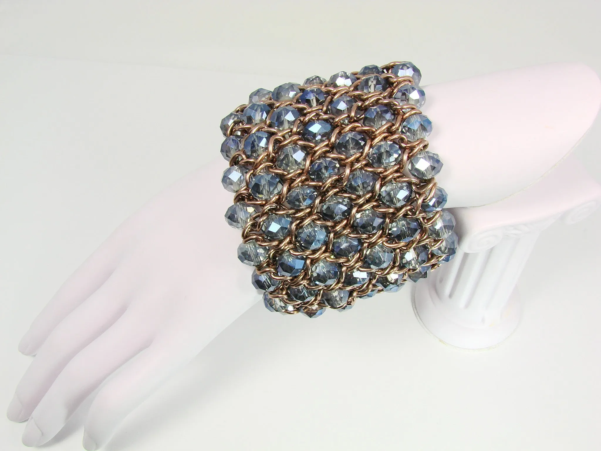 Chunky Bead Bracelet Cuff Stretch Blue Beads