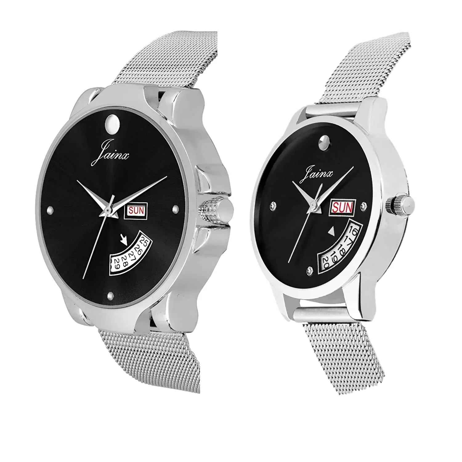 Couple's Black Day & Date Function Dial Stainless Steel Chain Analog Watch - JC490