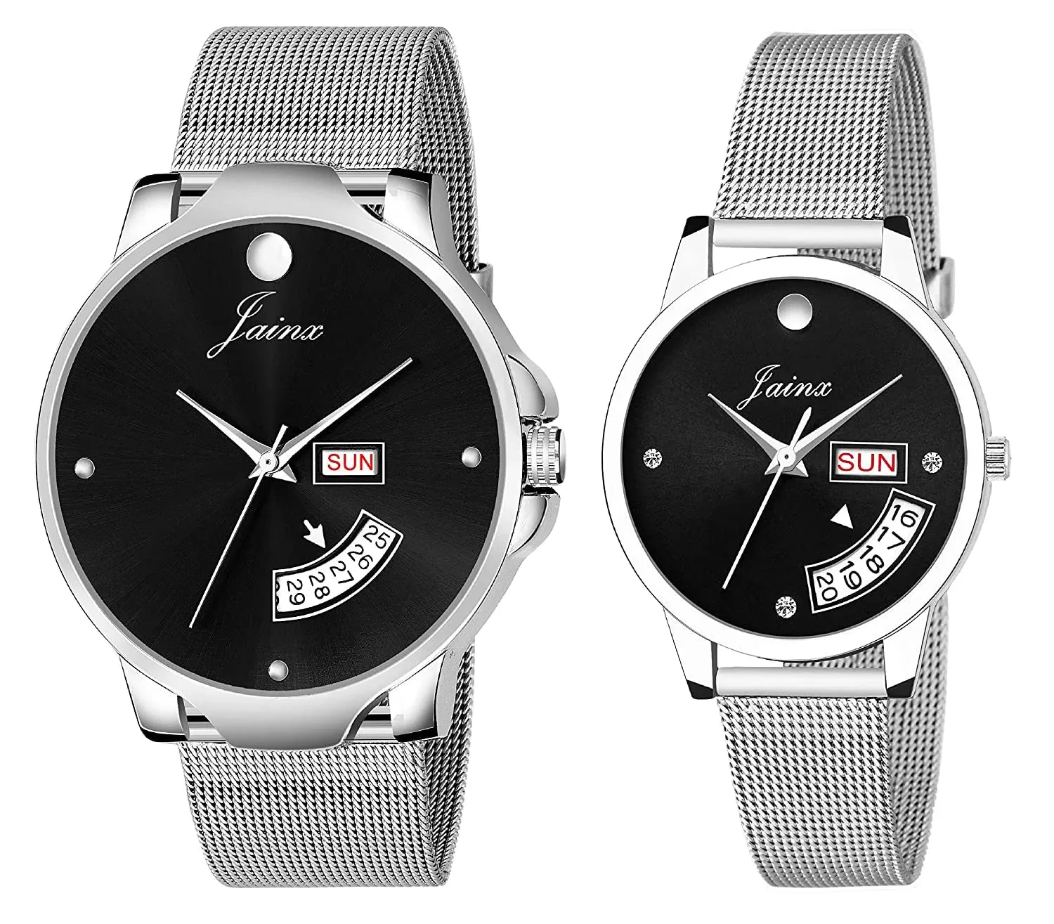 Couple's Black Day & Date Function Dial Stainless Steel Chain Analog Watch - JC490