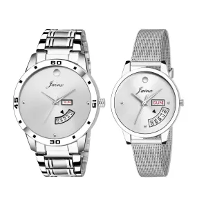 Couple's Steel Chain Day & Date Feature Dial Analog Watch - Jainx JC452