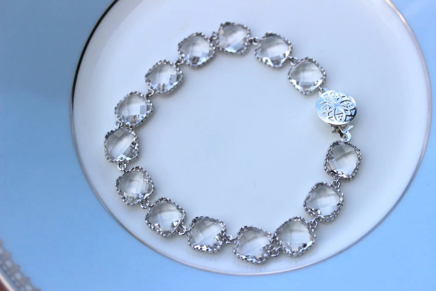 Crystal Bracelet Clear Silver Plated Glass - Bridesmaid Bracelet - Bridal Bracelet - Bridesmaid Jewelry - Crystal Wedding Jewelry