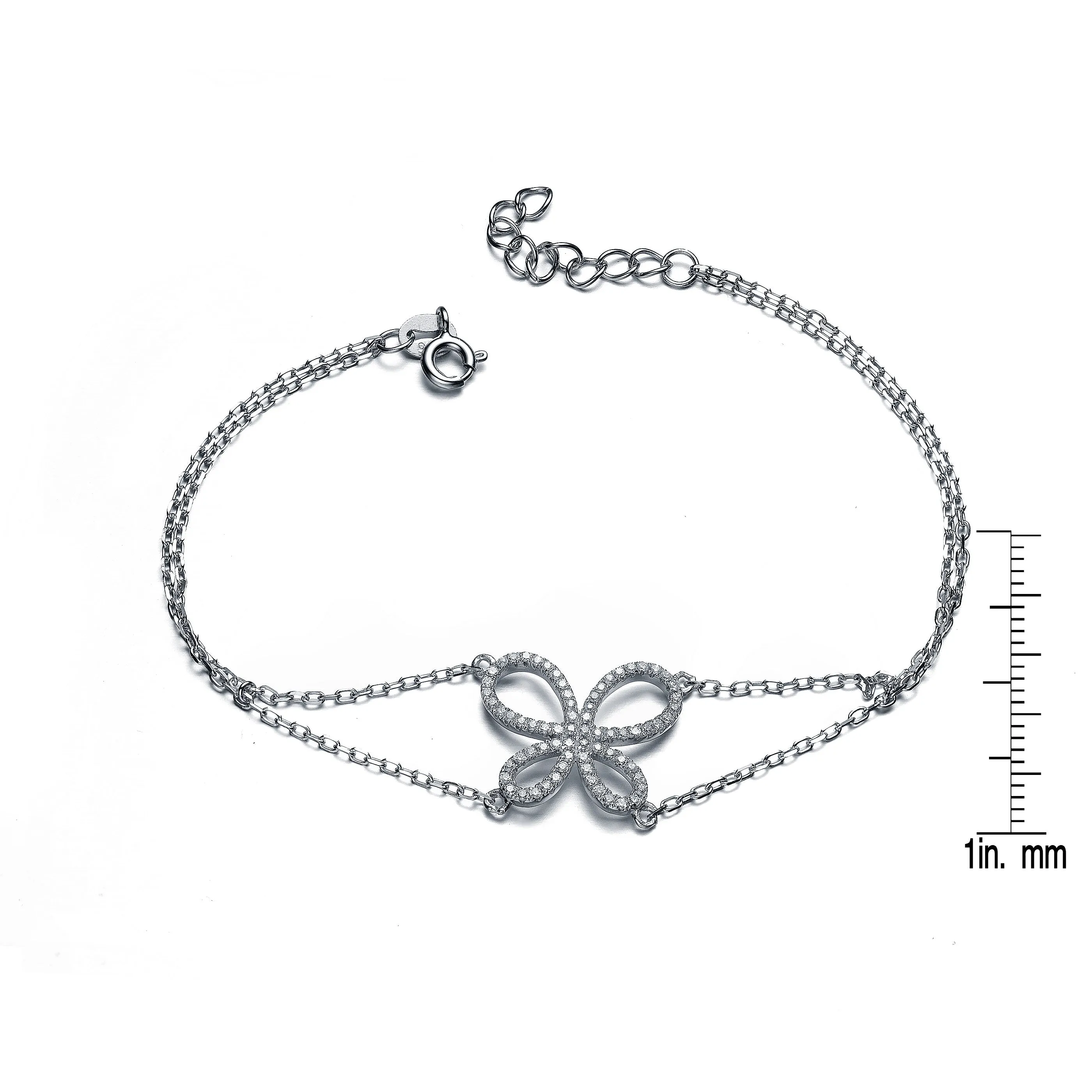 Cubic Zicronia Sterling Silver Rhodium Plated Butterfly Design Bracelet