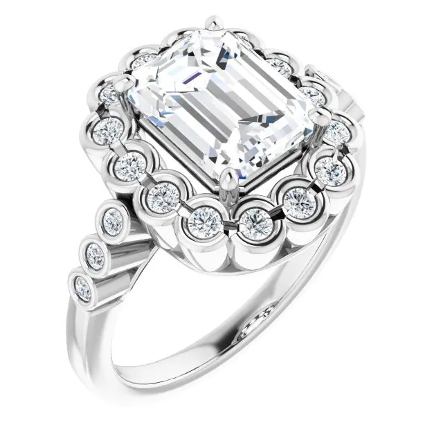 Cubic Zirconia Engagement Ring- The Berkley (Customizable Radiant Cut Design with Round-bezel Halo and Band Accents)