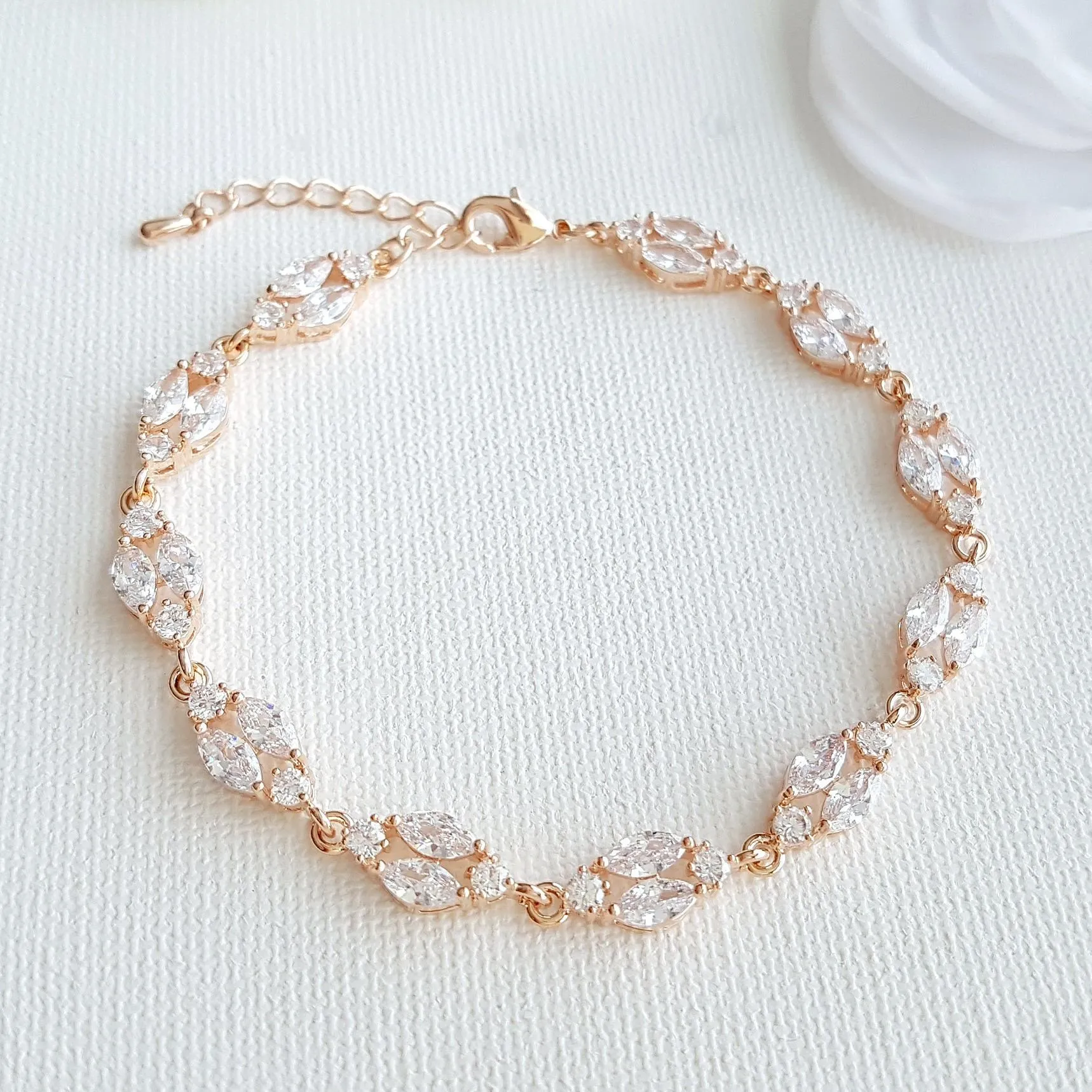 Dainty Rose Gold Crystal Bracelet for Weddings and Brides-Hayley