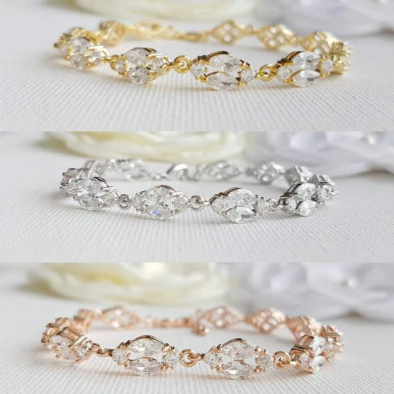 Dainty Rose Gold Crystal Bracelet for Weddings and Brides-Hayley