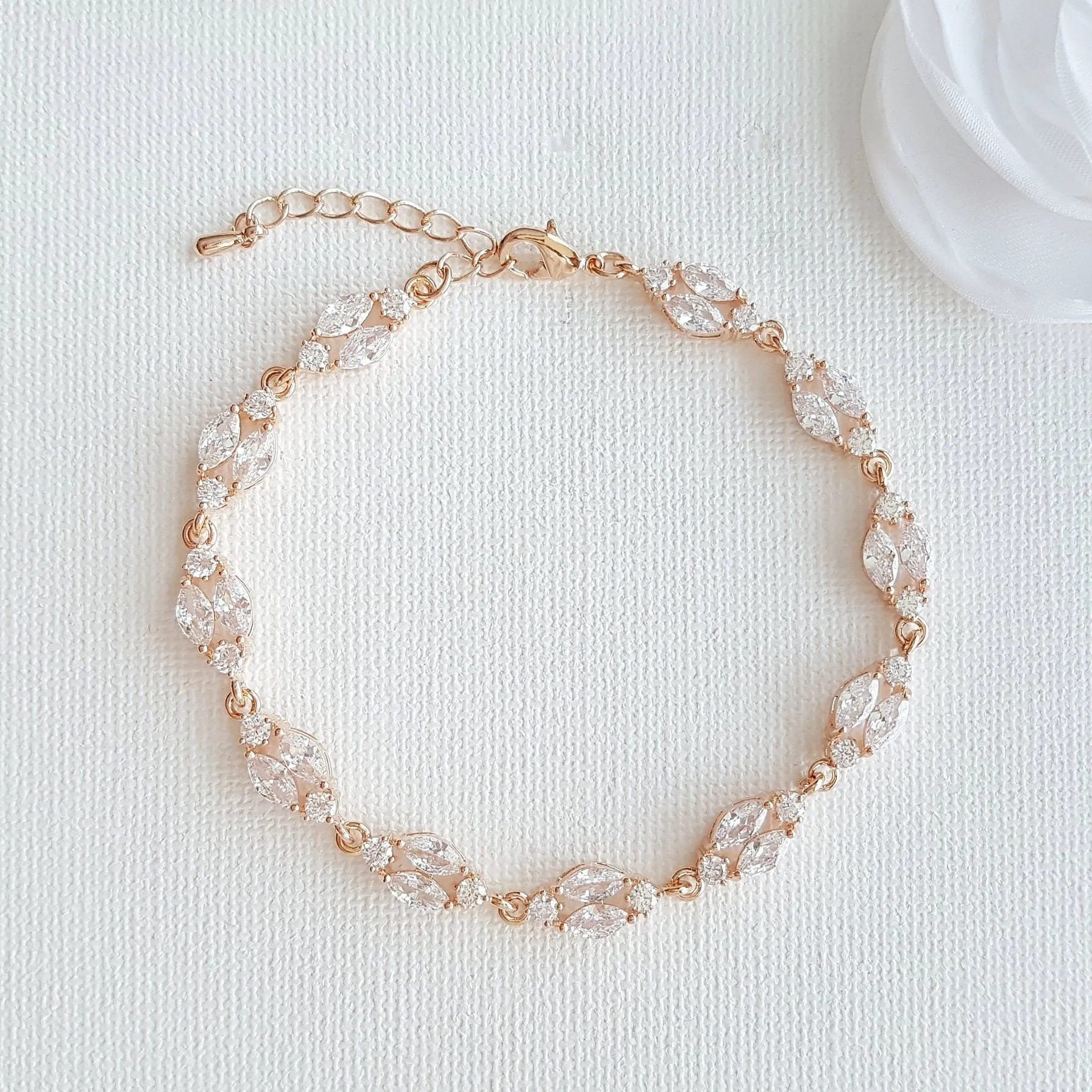 Dainty Rose Gold Crystal Bracelet for Weddings and Brides-Hayley