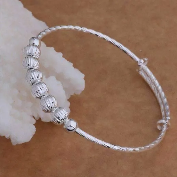 Diamond Cut Beaded Adjustable Silver Bangle Bracelet For Woman