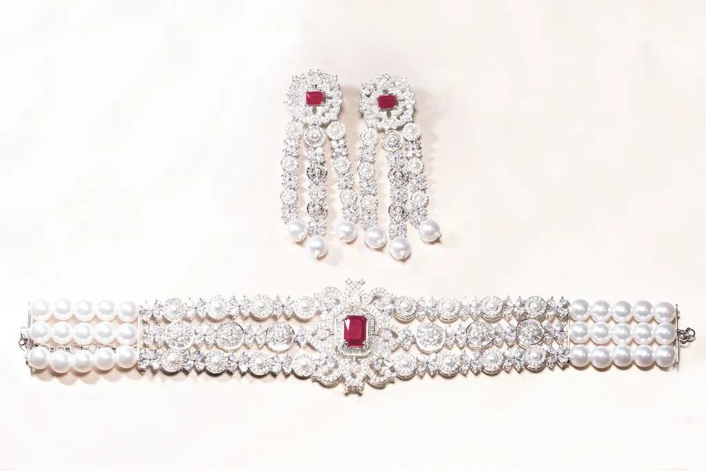 Dilara Choker Set - Ruby Red Jaipur Rose White Gold Plated Luxury Designer Indian Jewelry Online