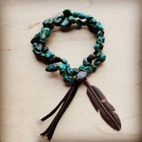 Double Strand Natural Turquoise Bracelet Feather Tassel - Cowgirl Jewelry