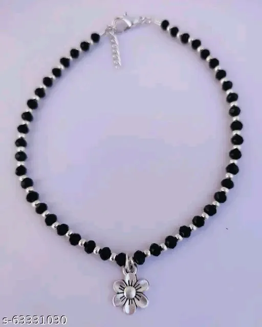 Elegant Floral Anklet for Women & Girls - Black and White Crystals