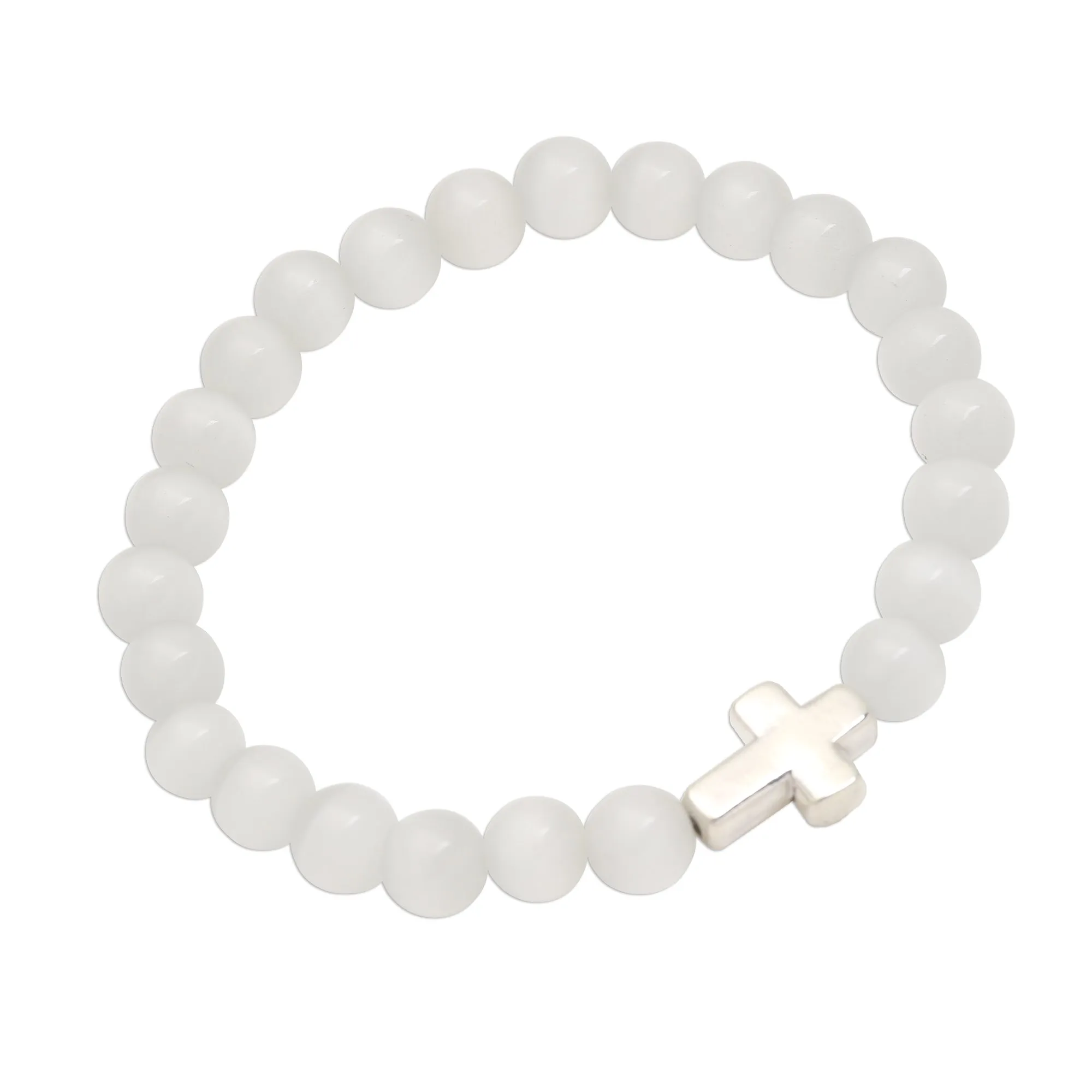 Faith in White Cross Pendant Beaded Quartz Stretch Bracelet