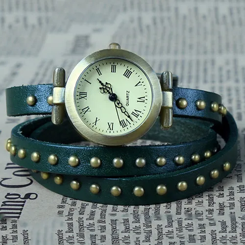 Fashionable Rivet Leather Belt Retro Watch Hand Chain-green - Green