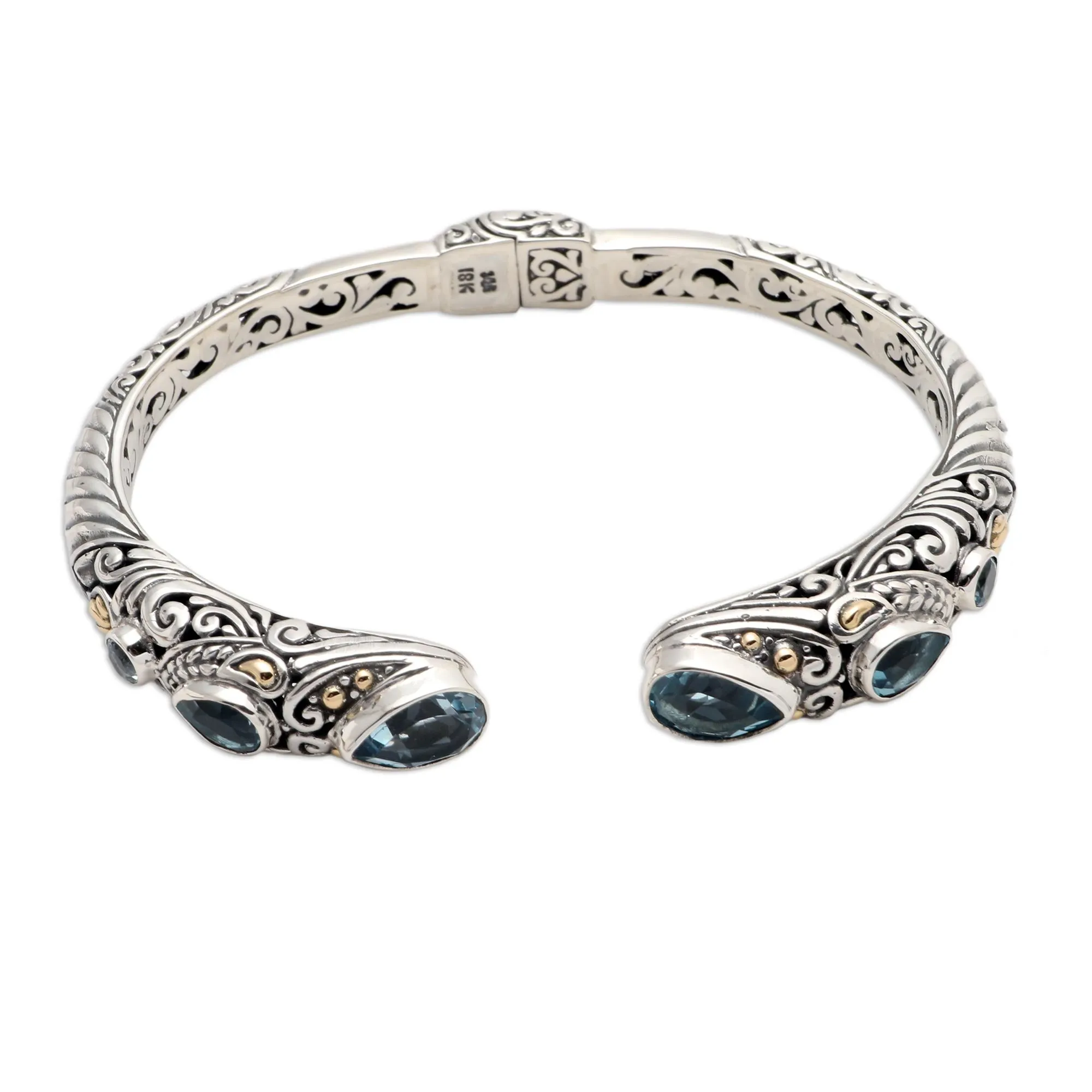 Fierce Warrior in Blue Sterling Silver and Blue Topaz Cuff Bracelet from Bali