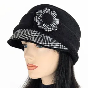 Fleece Fashion Cap with floral pin in black fleece with woolen plaid trim