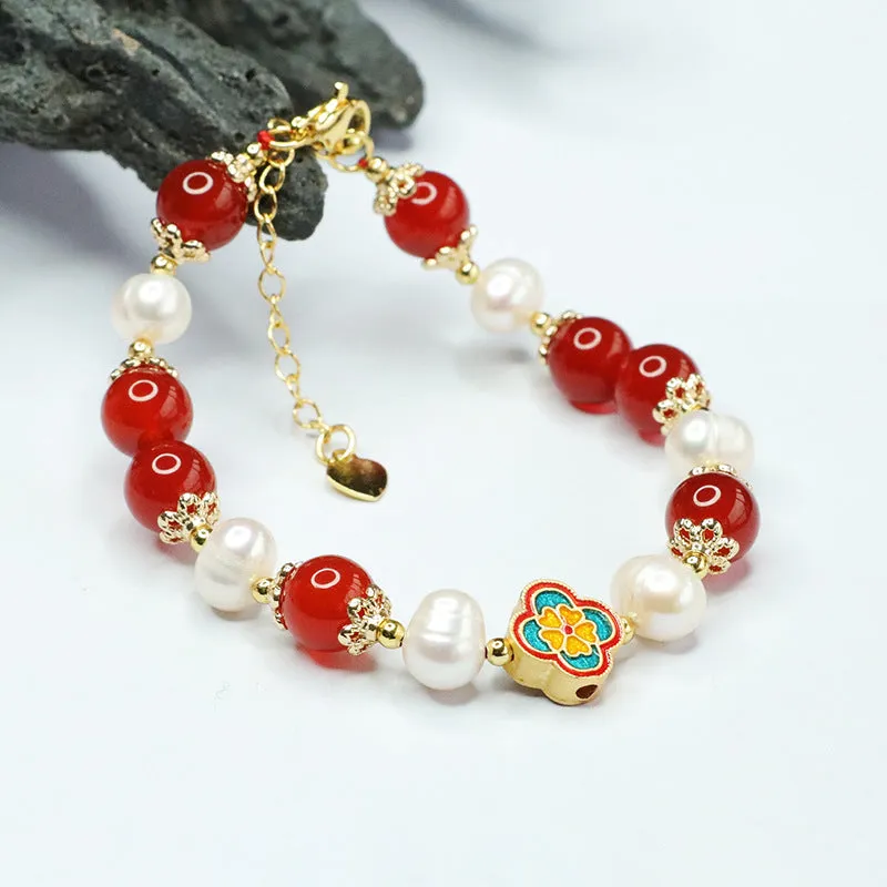 Fortune's Favor Sterling Silver Bracelet with Red Agate and Freshwater Pearl Clover Design