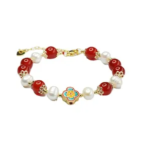 Fortune's Favor Sterling Silver Bracelet with Red Agate and Freshwater Pearl Clover Design