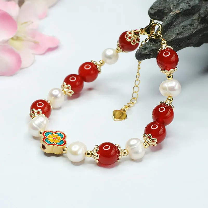 Fortune's Favor Sterling Silver Bracelet with Red Agate and Freshwater Pearl Clover Design