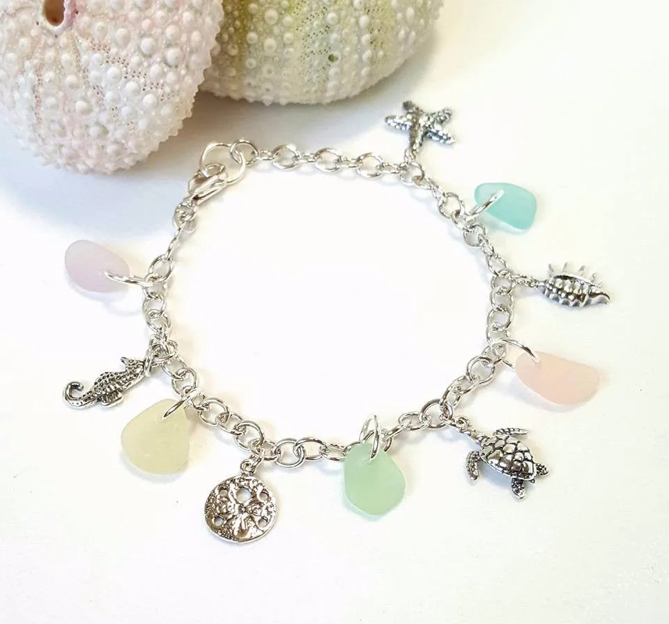 GENUINE Beach Glass Bracelet With Charms Turtle Starfish Sterling Silver