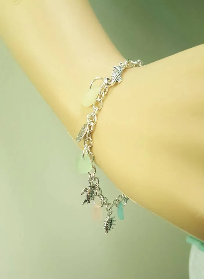 GENUINE Beach Glass Bracelet With Charms Turtle Starfish Sterling Silver