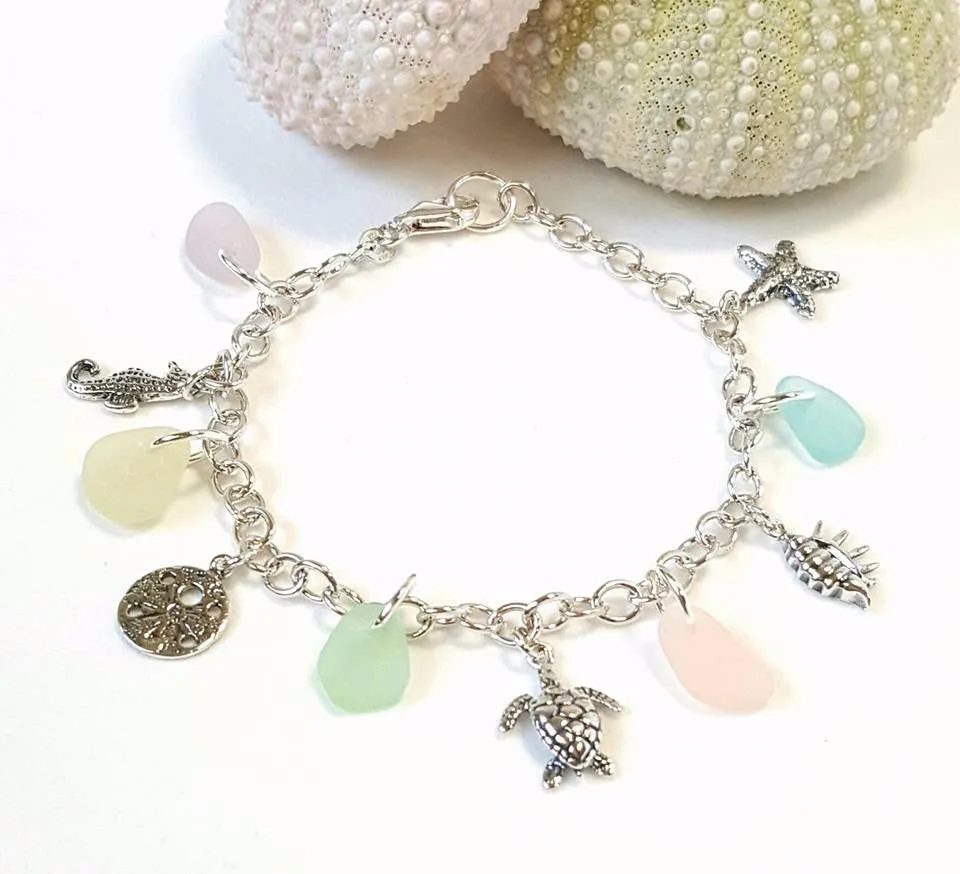 GENUINE Beach Glass Bracelet With Charms Turtle Starfish Sterling Silver