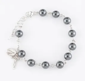 Genuine Hematite Round Sterling Silver Rosary Bracelet 8mm - B7800HT