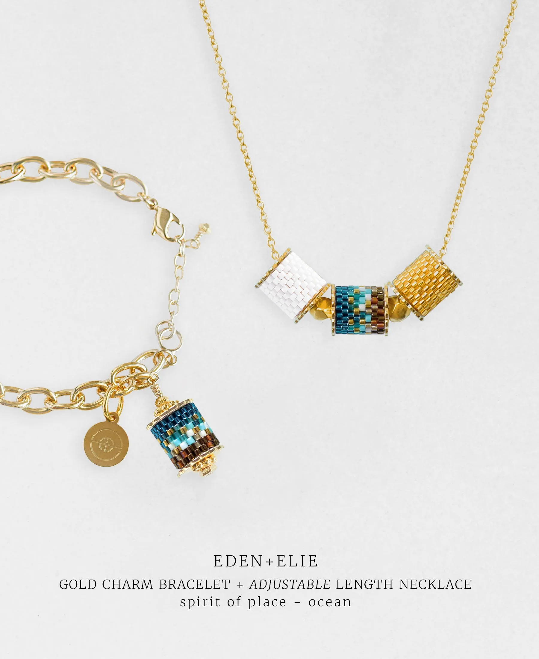 Gold Charm Bracelet   Adjustable Length Necklace Set - Spirit of Place Ocean