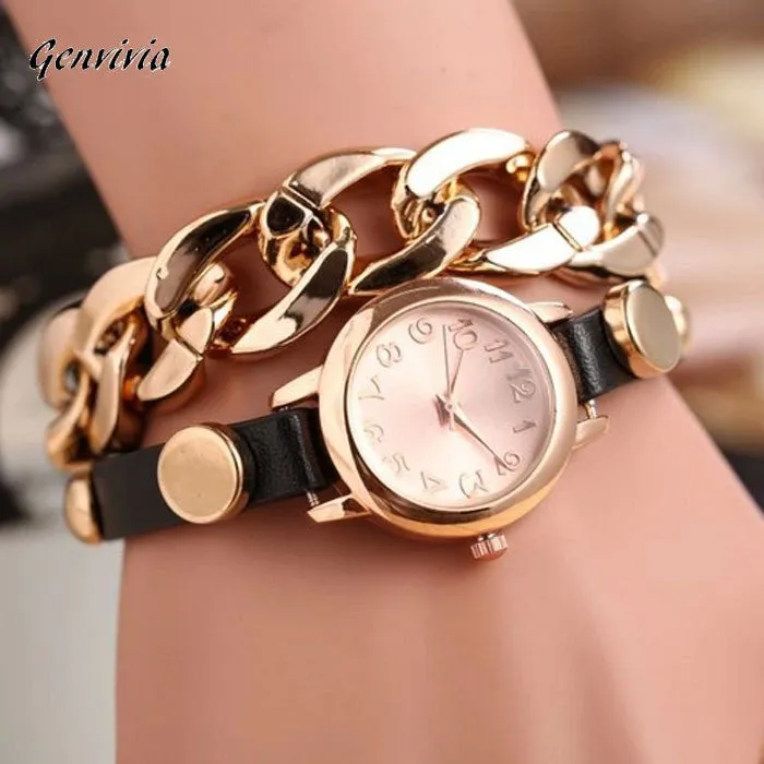 Gold Dial Leather Chain Wrap Wrist Watch