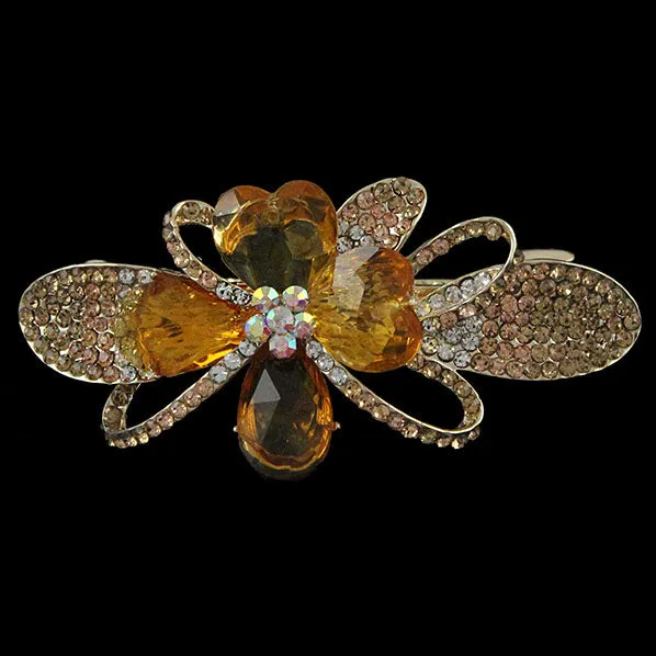 Gold Finish Rhinestone & Large Crystal Floral Barrette