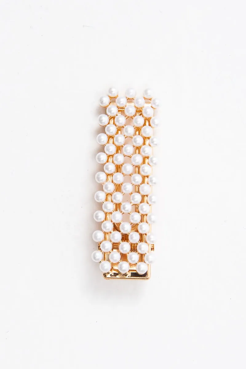 Gold Pearl Embellished Crocodile Barrette - Faisa