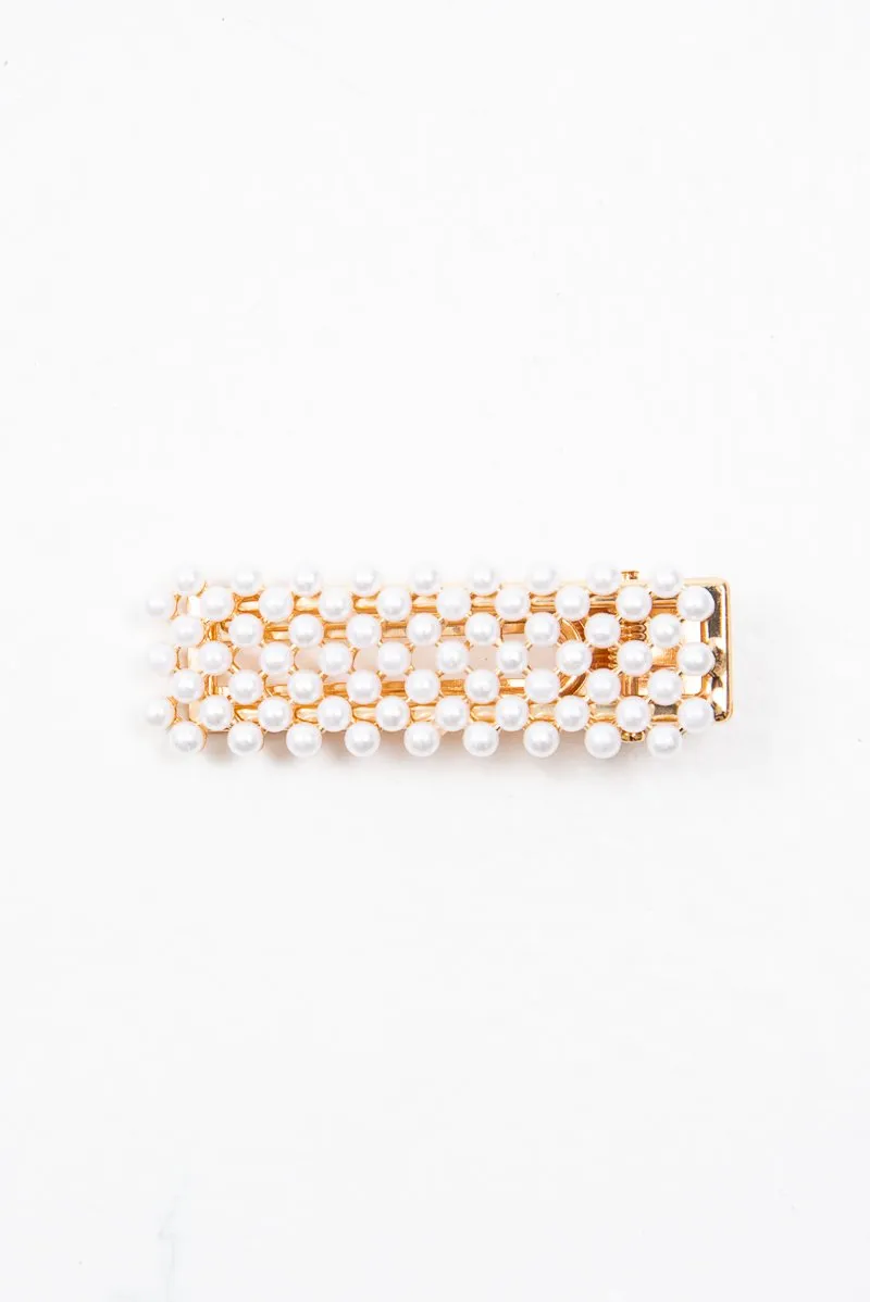 Gold Pearl Embellished Crocodile Barrette - Faisa