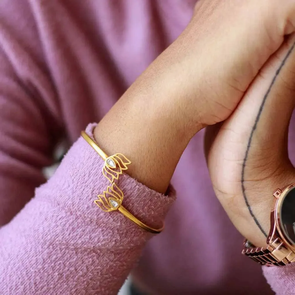 Gold Plated Silver Kundan Lotus Cuff