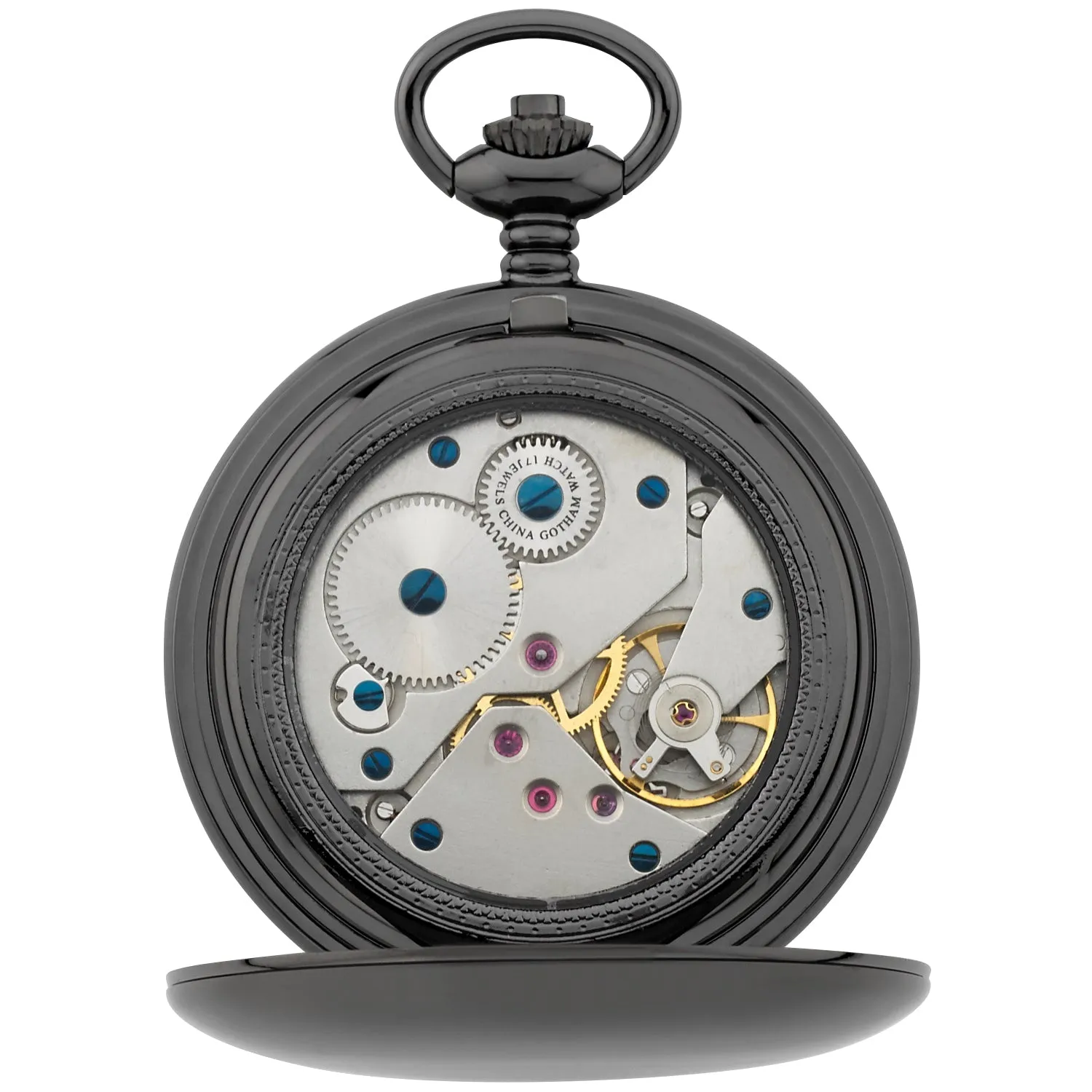 Gotham Men's Gun-Tone Railroad Dial Double Hunter 17 Jewel Mechanical Pocket Watch # GWC18806B