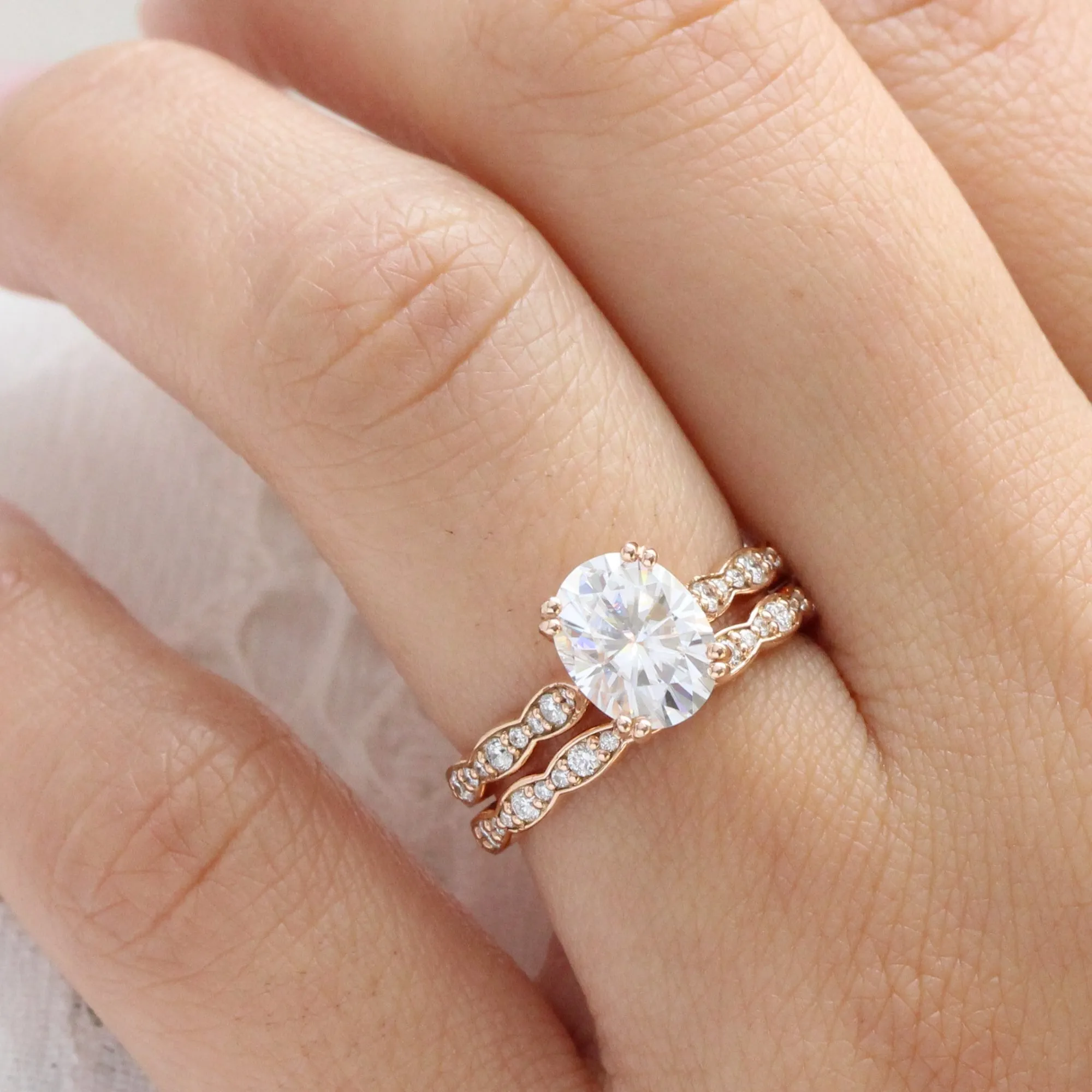 Grace Solitaire Oval Bridal Ring Set w/ Moissanite and Matching Diamond Band