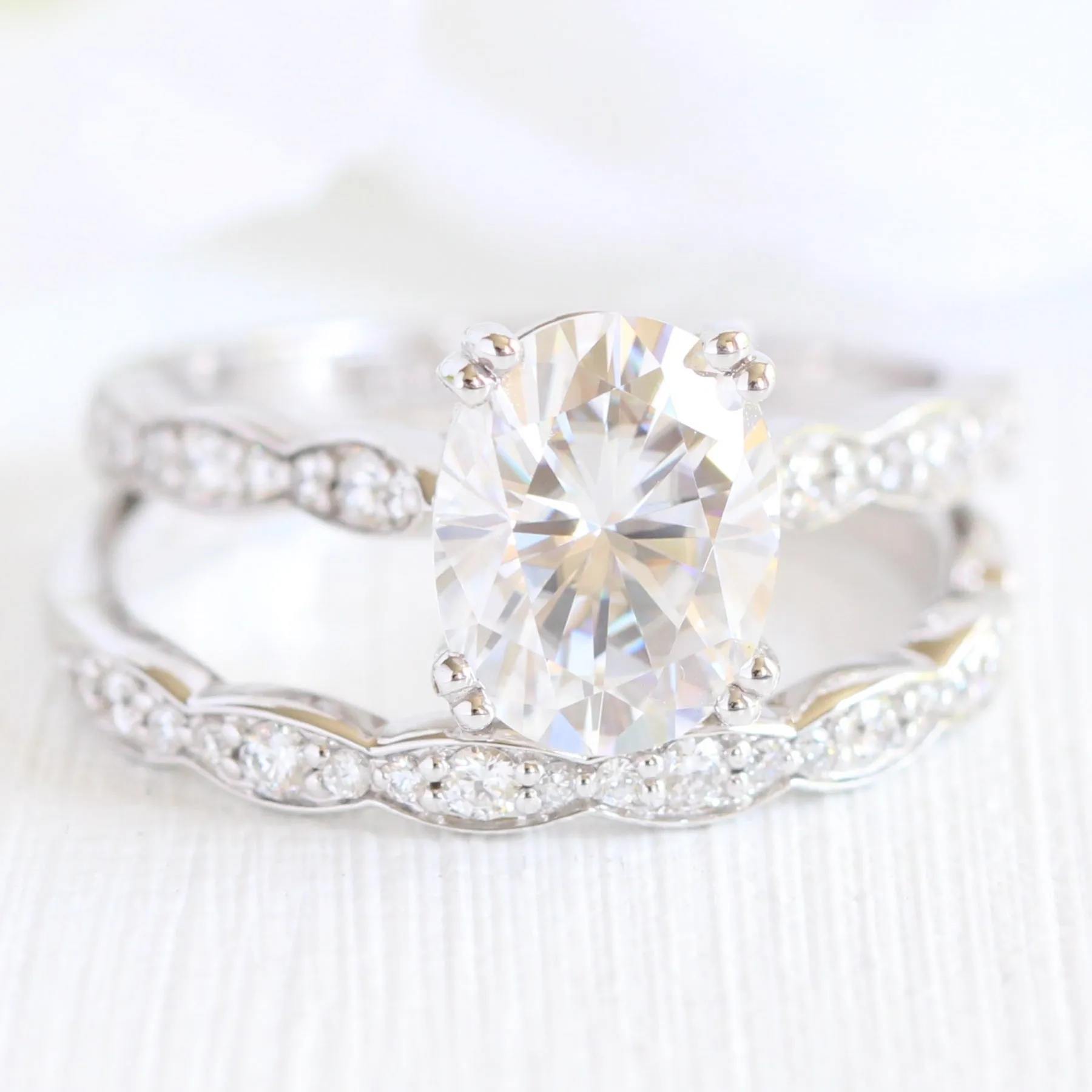 Grace Solitaire Oval Bridal Ring Set w/ Moissanite and Matching Diamond Band