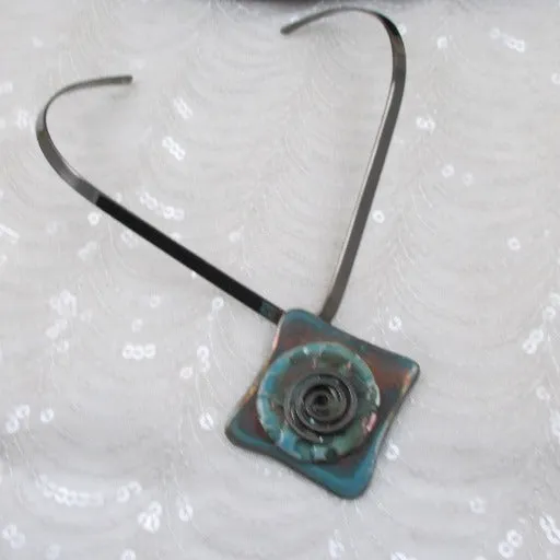 Gunmetal Choker with Handmade Aqua Wash Raku Glazed Pendant