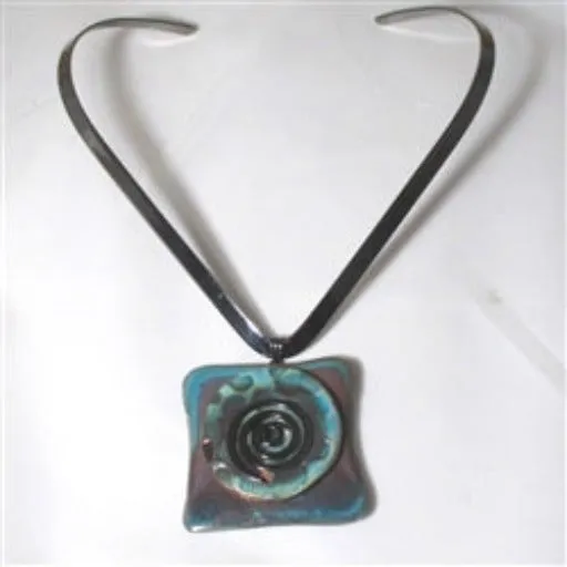 Gunmetal Choker with Handmade Aqua Wash Raku Glazed Pendant