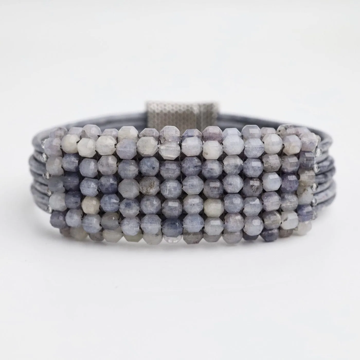 Hand Stitched Iolite Cubes Leather Bracelet