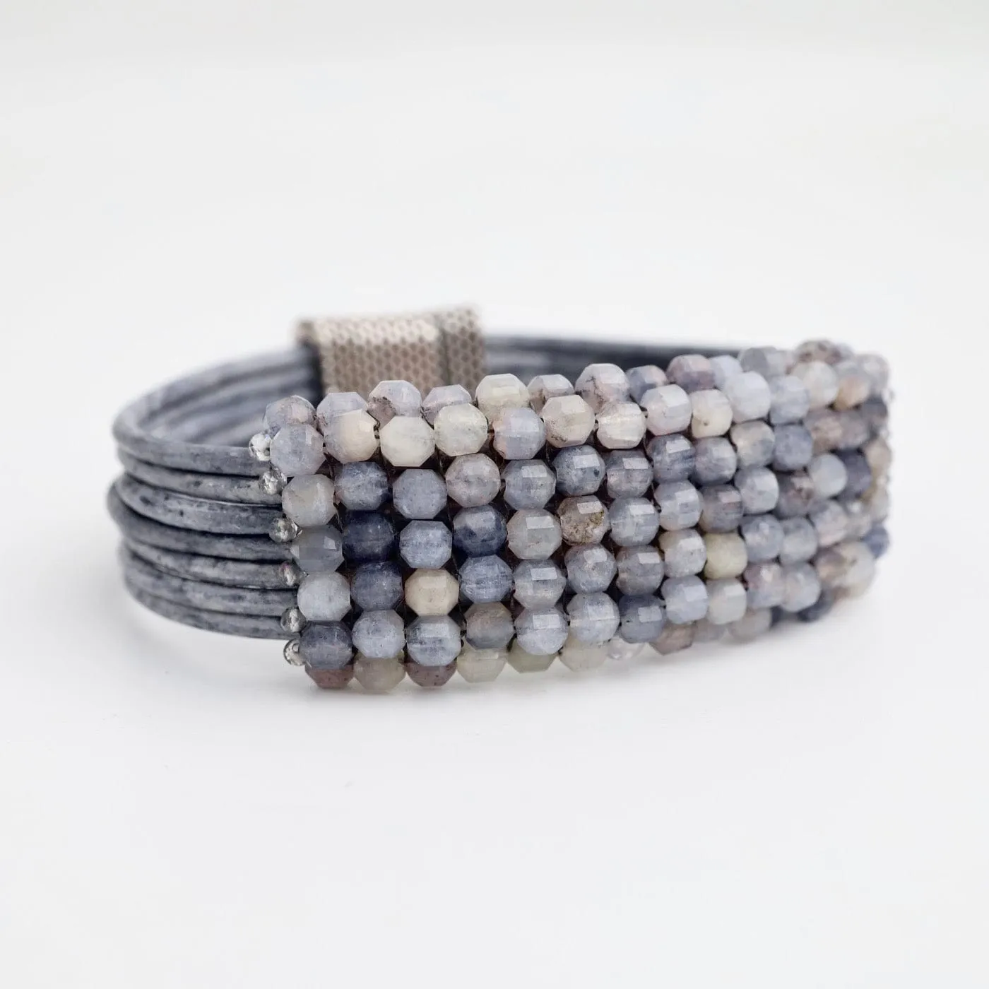 Hand Stitched Iolite Cubes Leather Bracelet