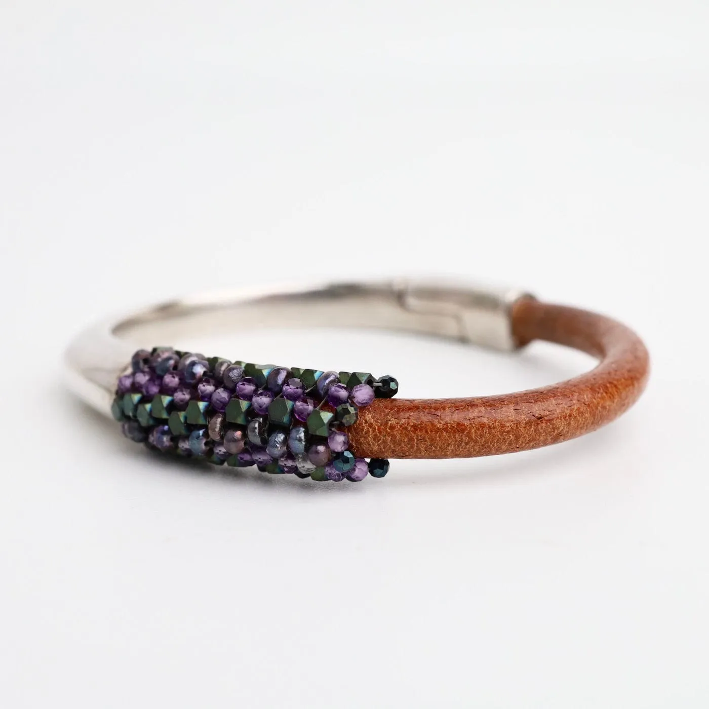 Hand Stitched Matte Green Hematite, Amethyst, Mystic Topaz & Lavender Pearls on 1/2 Cuff Bracelet