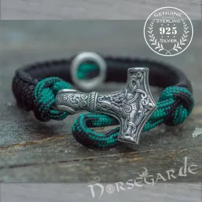 Handcrafted Shaded Paracord Bracelet with Mjölnir and Rune - Sterling Silver