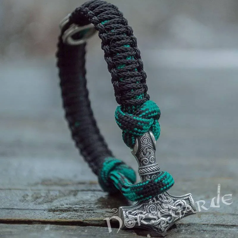 Handcrafted Shaded Paracord Bracelet with Mjölnir and Rune - Sterling Silver