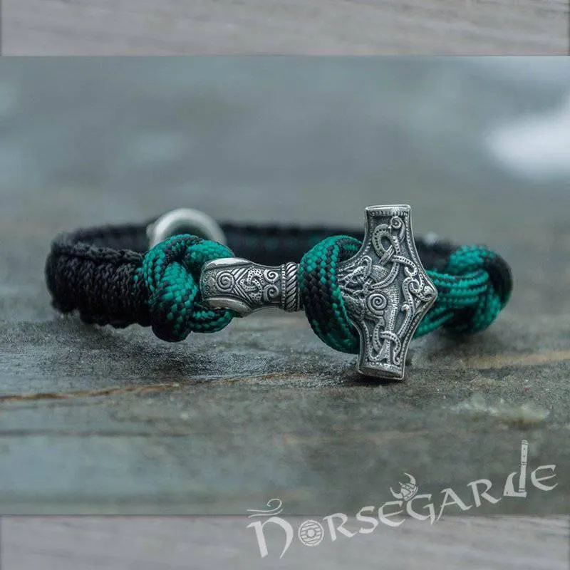 Handcrafted Shaded Paracord Bracelet with Mjölnir and Rune - Sterling Silver