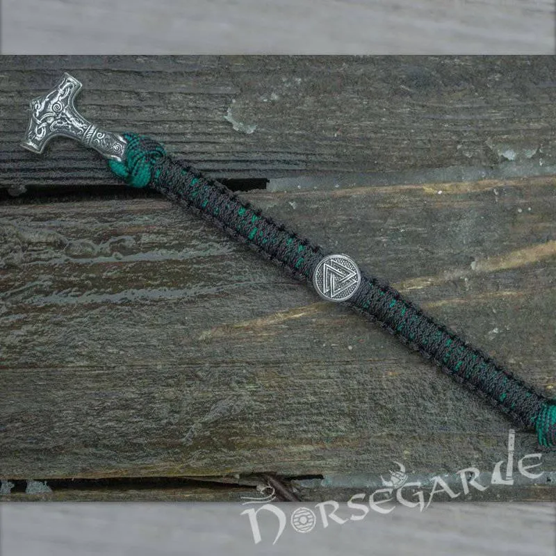 Handcrafted Shaded Paracord Bracelet with Mjölnir and Rune - Sterling Silver