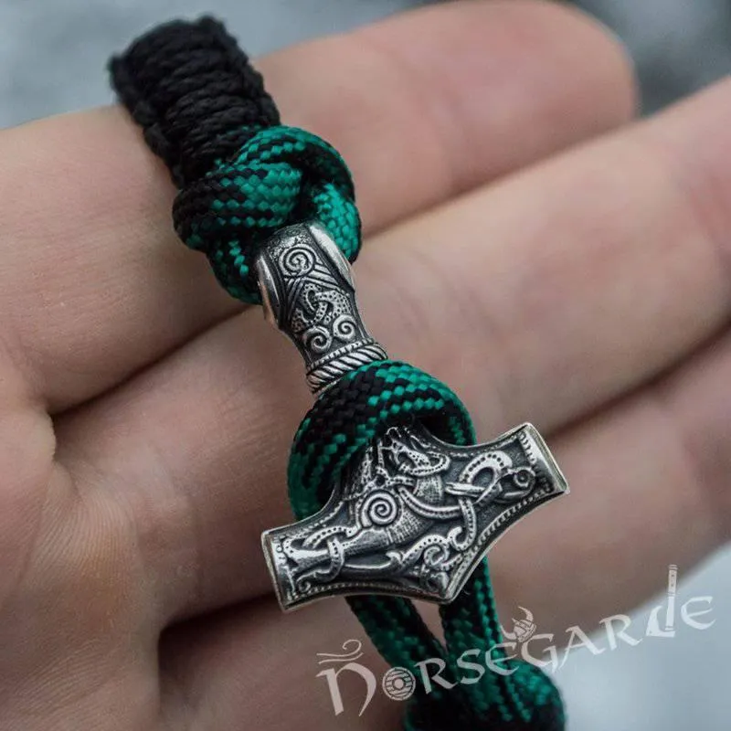 Handcrafted Shaded Paracord Bracelet with Mjölnir and Rune - Sterling Silver