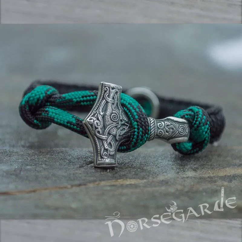 Handcrafted Shaded Paracord Bracelet with Mjölnir and Rune - Sterling Silver