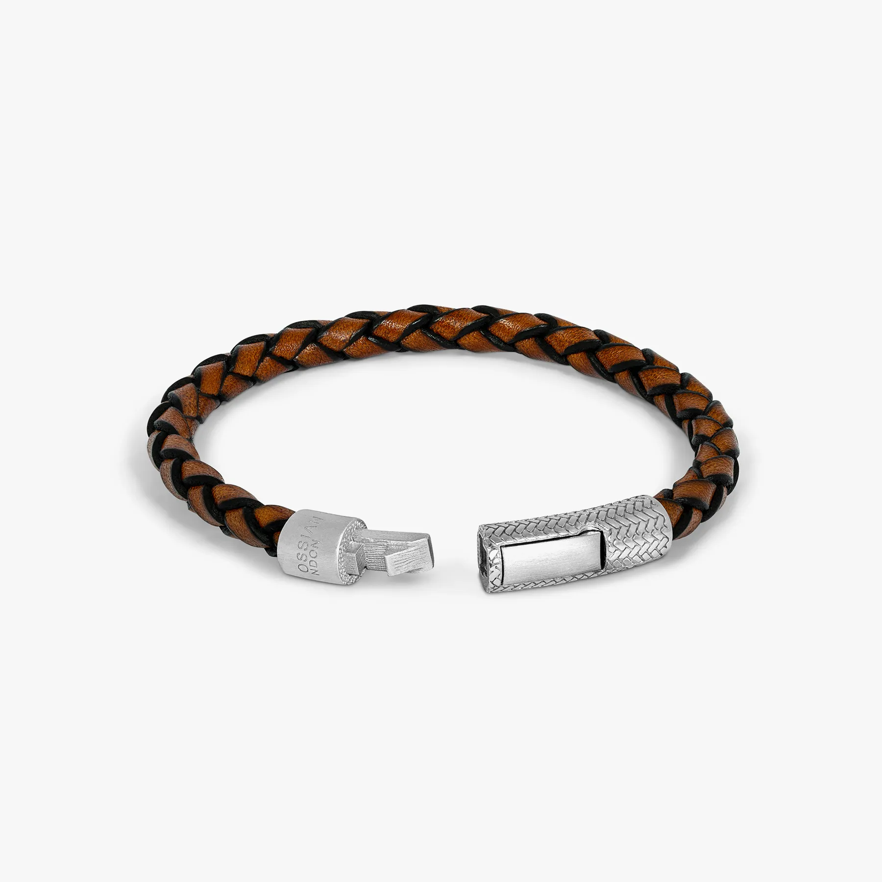 Herringbone Click Pelle Bracelet In Brown Leather With Rhodium Plated Silver