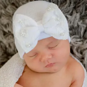 ilybean Pearl and Lace Trim White Big Bow Newborn Girl Hospital Hat