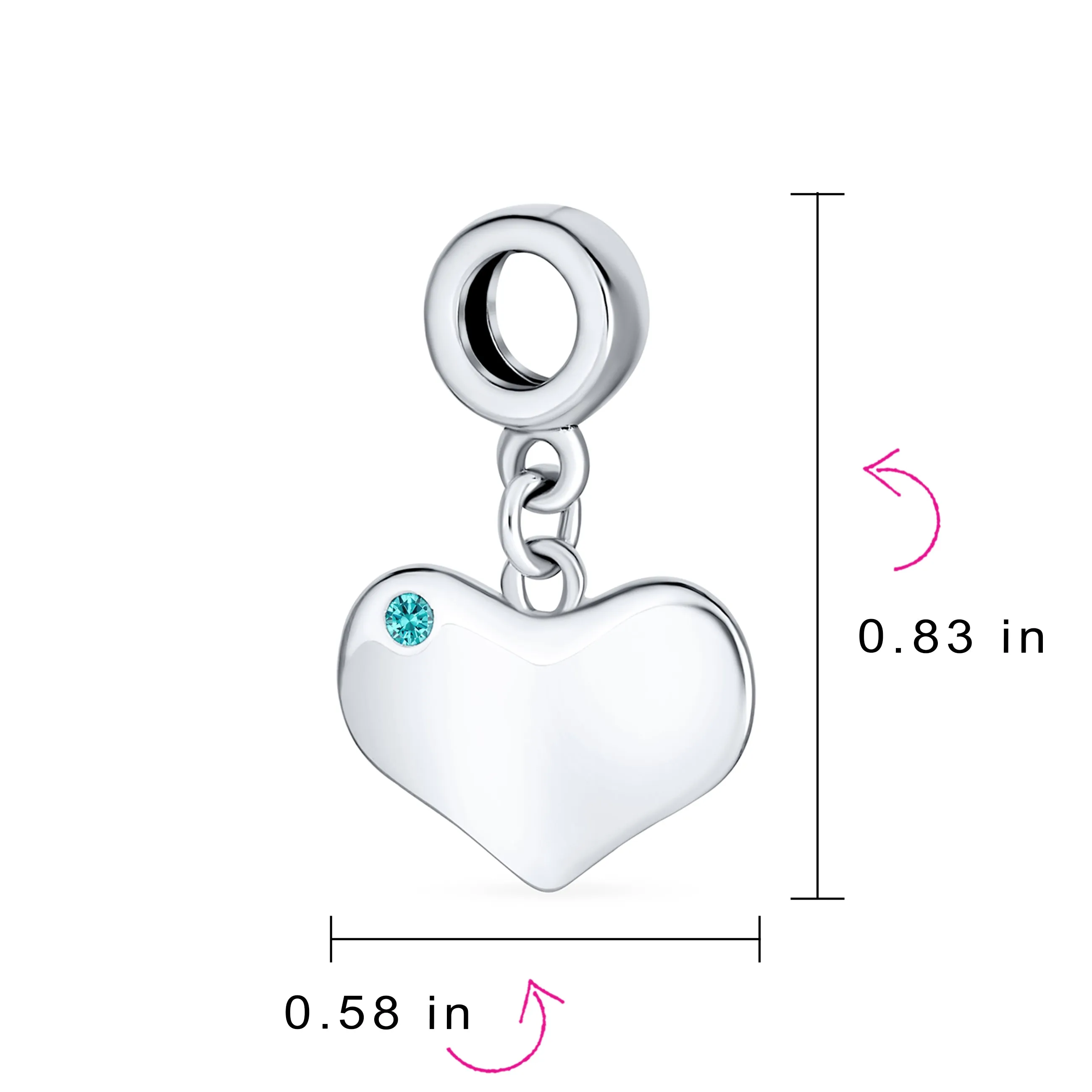 Initial Monogram Crystal Dangle Charm Bead Heart Sterling Silver Birthstone