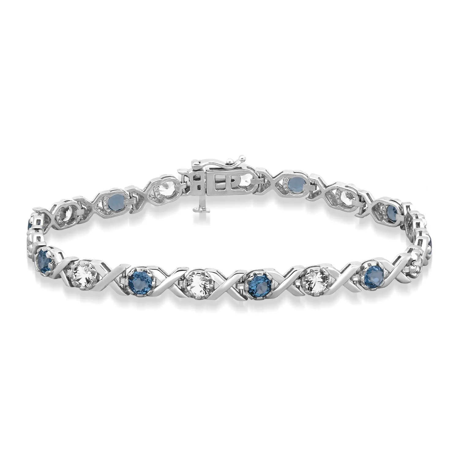 Jewelili Sterling Silver With Round Swiss Blue Topaz and Created Round White Sapphire Tennis Bracelet