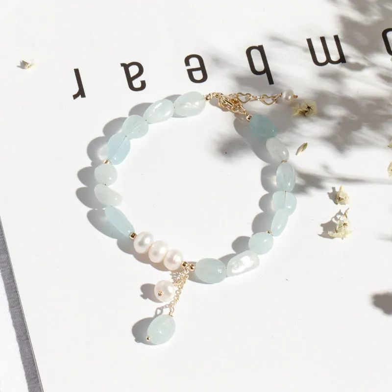 Korean Edition Aquamarine and Freshwater Pearl Bracelet in Sterling Silver